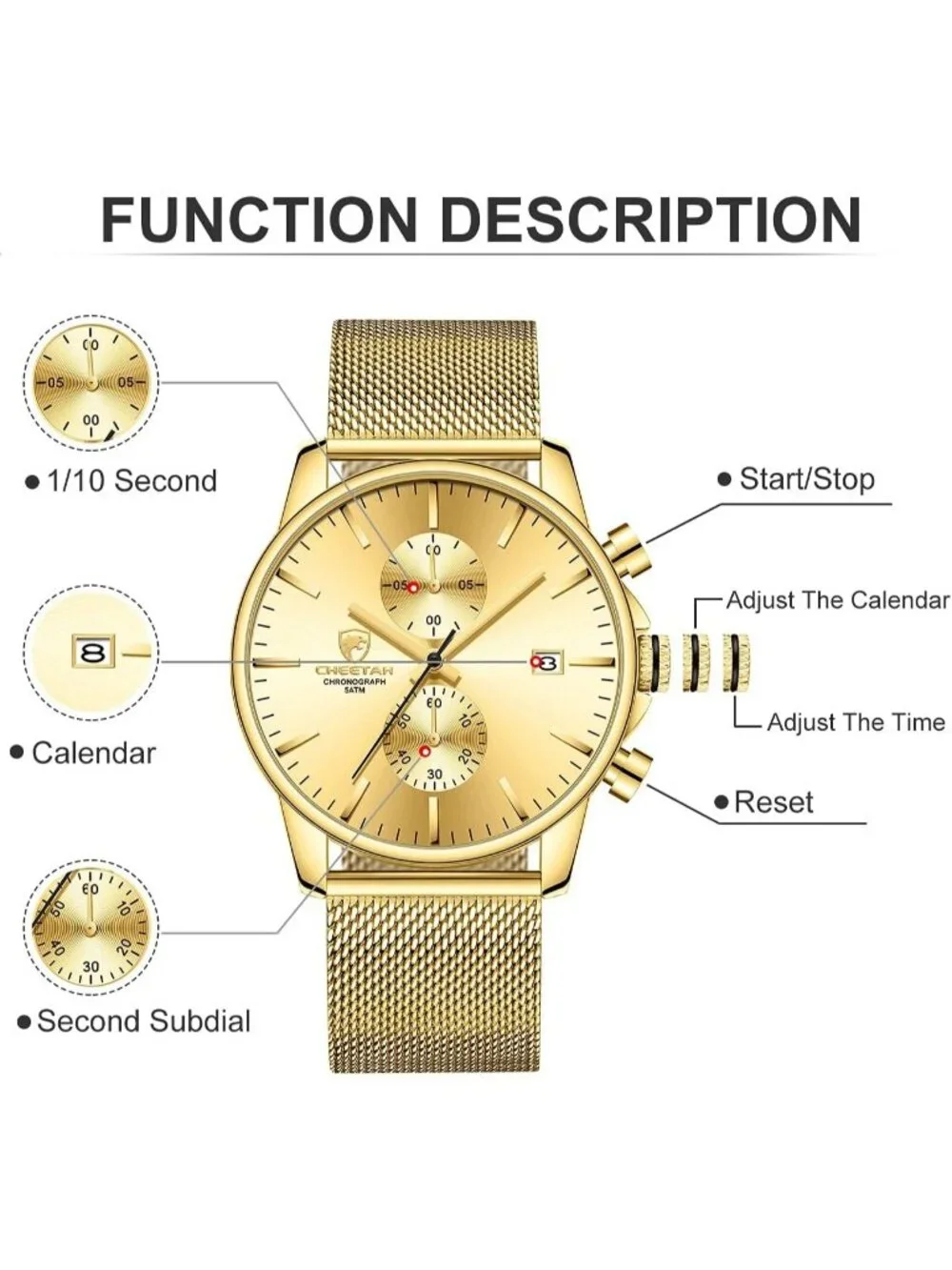 Men's Gold Quartz Analog Mesh Strap Stainless Steel Chronograph Round Watch